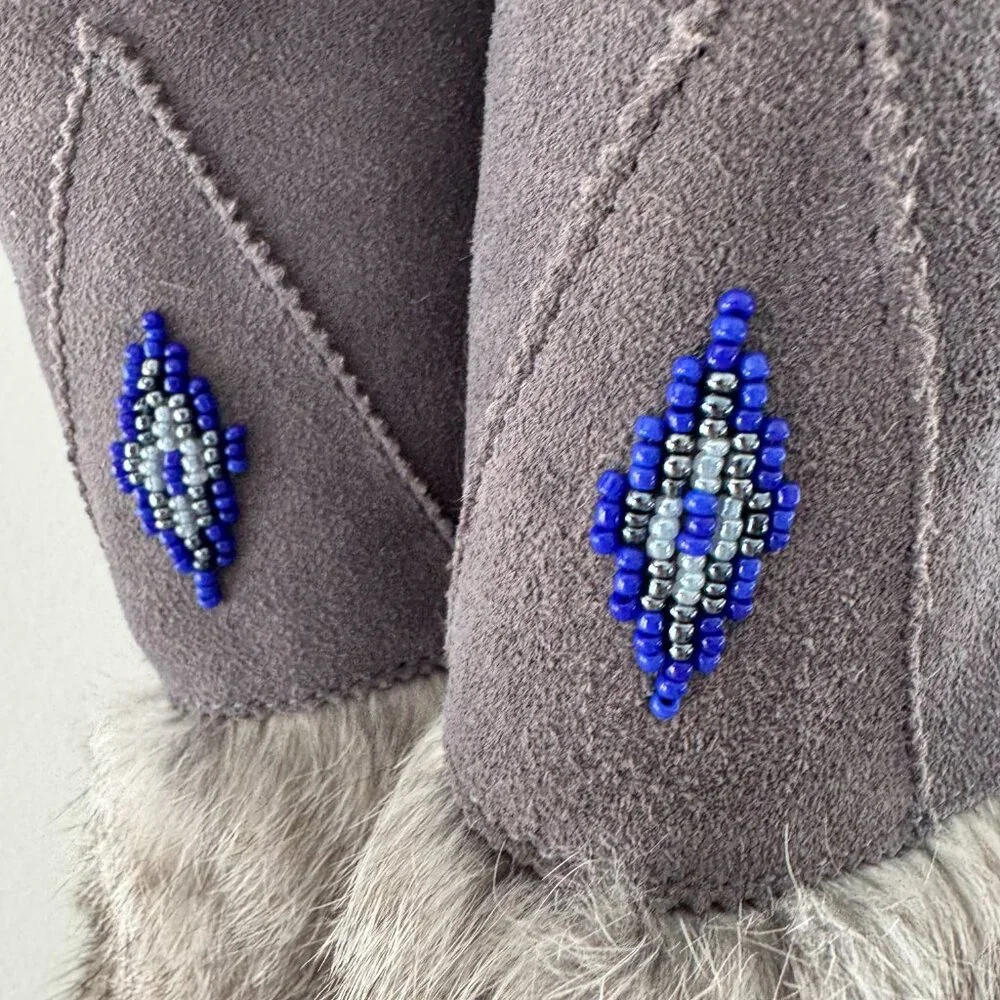 MUKS Beaded Real Fur Mukluks Boots Size 8‎ NEW Grey Alaska Style